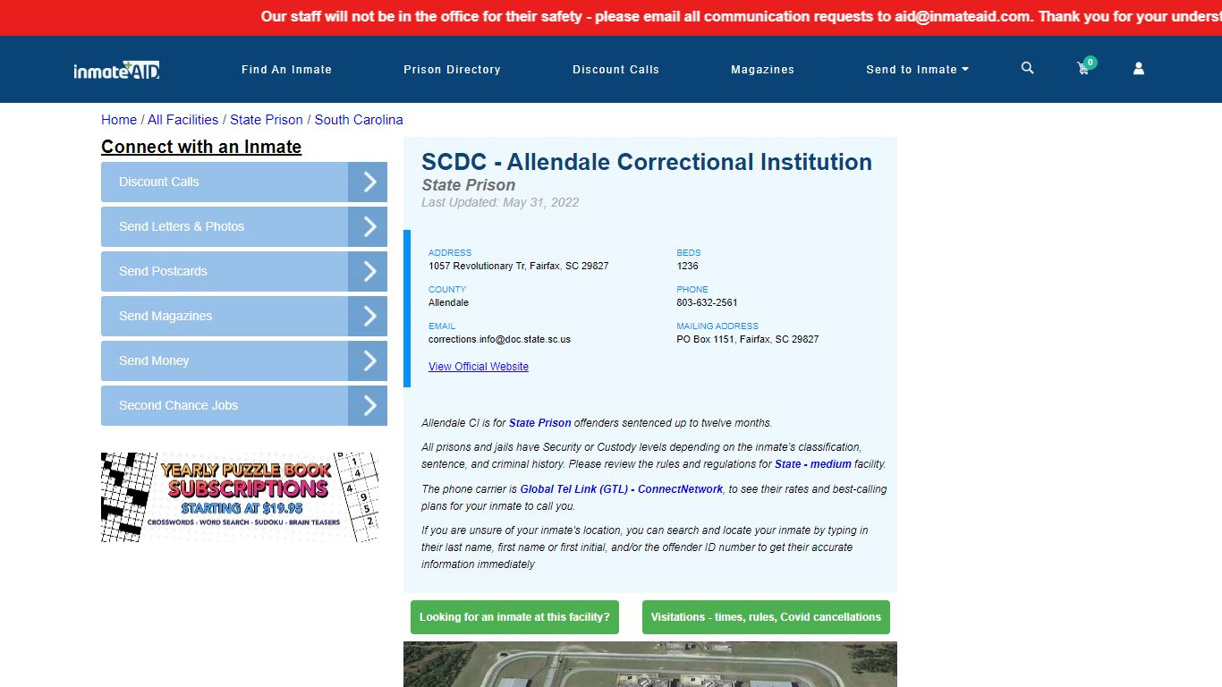 SCDC - Allendale Correctional Institution & Inmate Search | Visitation ...