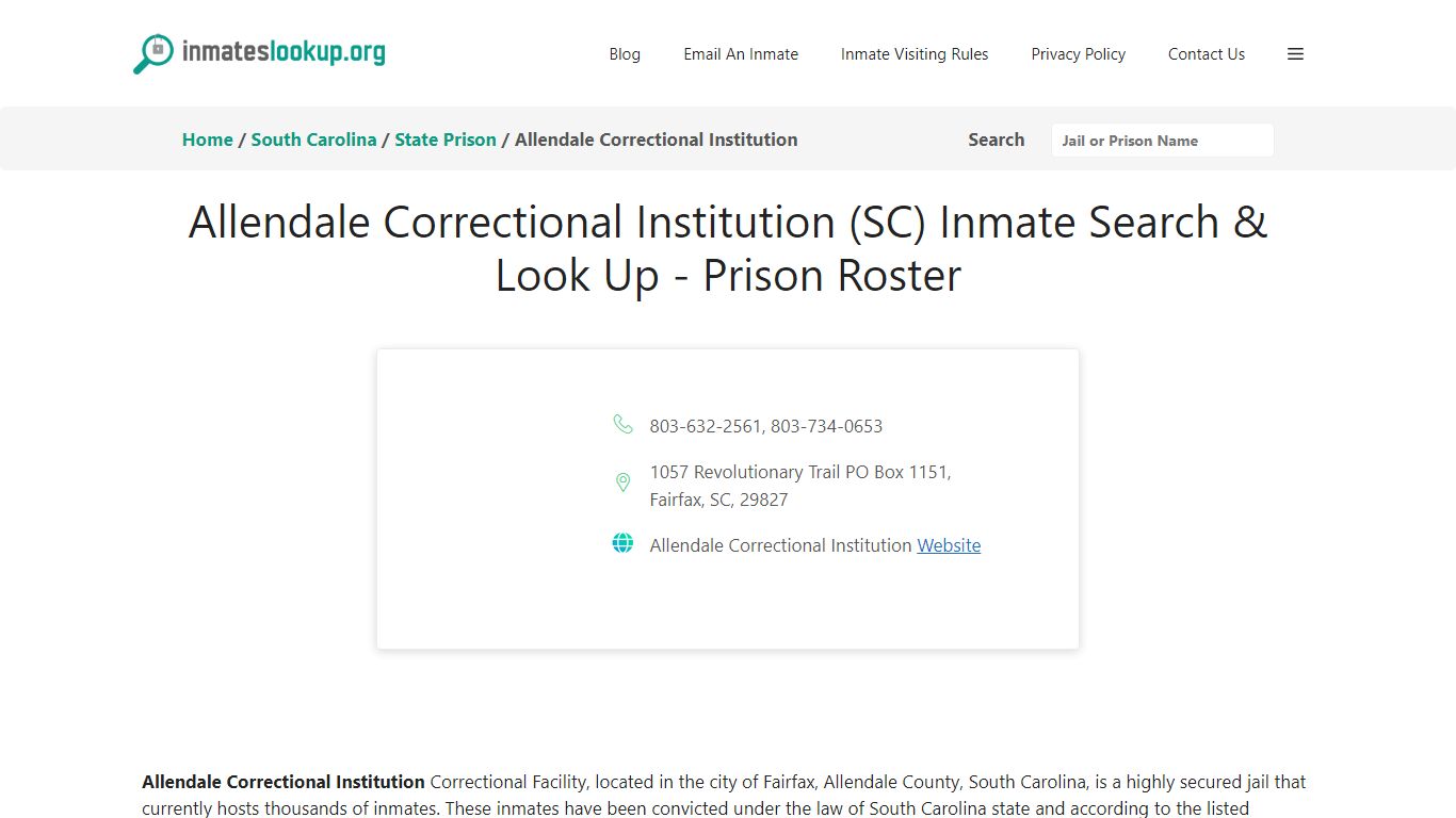 Allendale Correctional Institution (SC) Inmate Search & Look Up ...