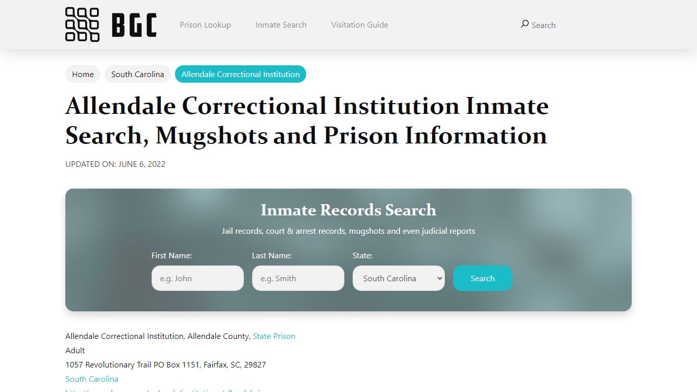 Allendale Correctional Institution Inmate Search, Mugshots , Visitation ...